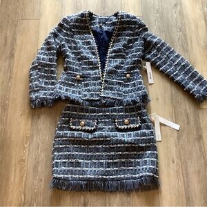 Aqua Blue and White Tweed Mini Skirt Set, Jacket M & Skirt L